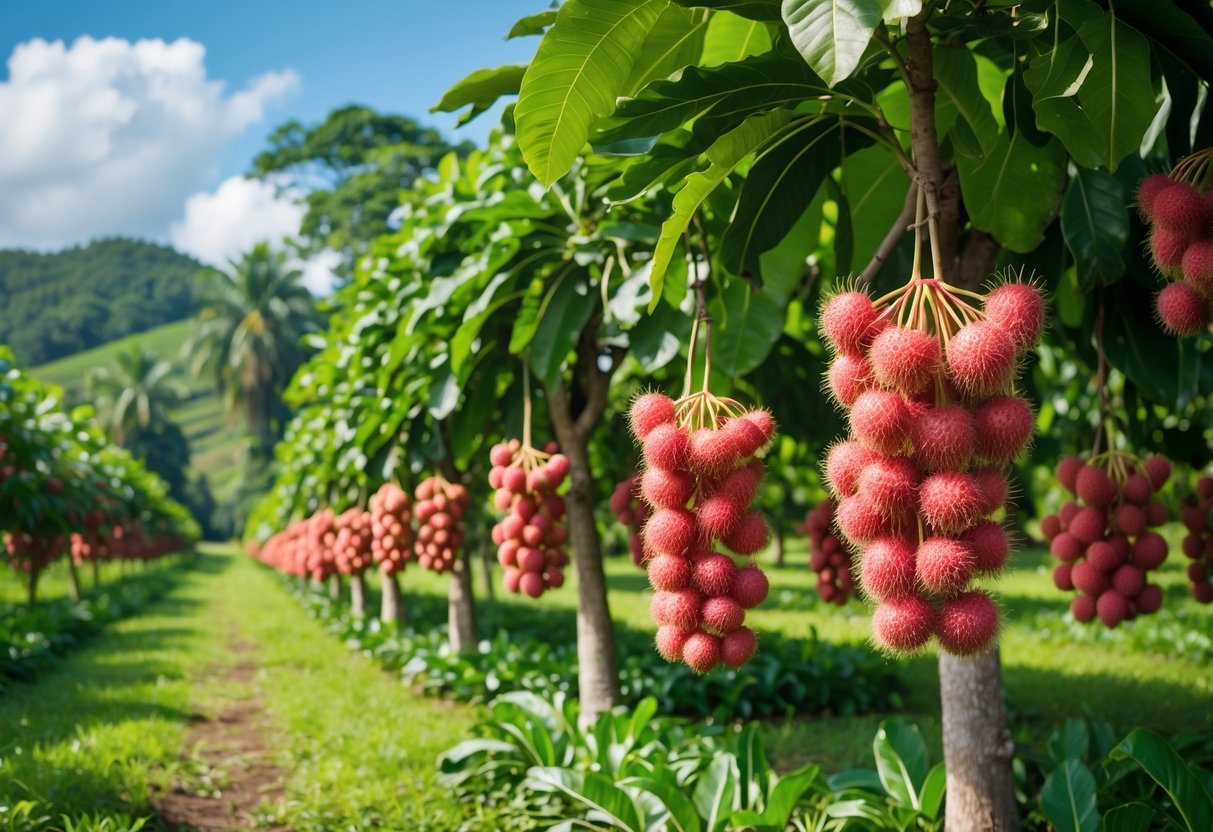 21+ Exotic Fruit Garden Ideas: Unique Plants to Transform Your Backyard in the US 4 A rambutan orchard with rows of trees bearing clusters of ripe red rambutans surrounded by green grass and tropical plants under a clear sky.
