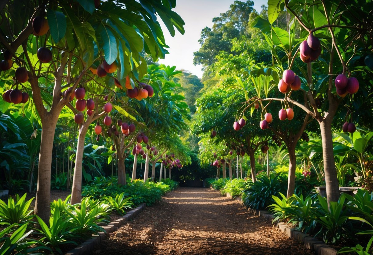 21+ Exotic Fruit Garden Ideas: Unique Plants to Transform Your Backyard in the US 5 A lush garden with rows of mangosteen trees bearing ripe purple fruits surrounded by tropical greenery.