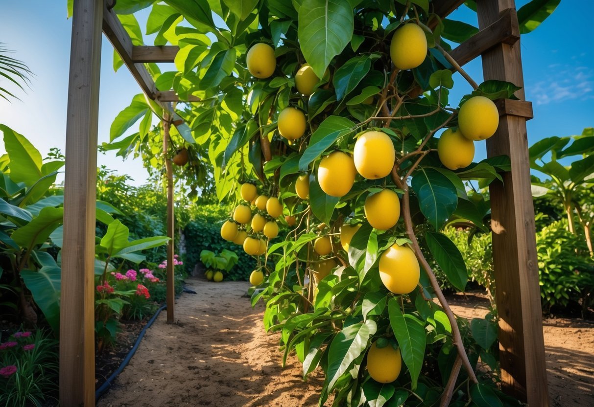 21+ Exotic Fruit Garden Ideas: Unique Plants to Transform Your Backyard in the US 6 A garden with a wooden trellis covered in green passion fruit vines and ripe yellow passion fruits hanging among the leaves.