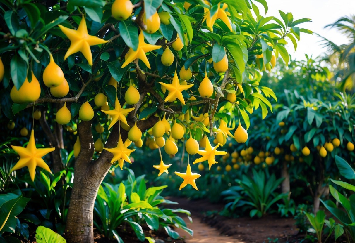 21+ Exotic Fruit Garden Ideas: Unique Plants to Transform Your Backyard in the US 7 A garden with starfruit trees bearing ripe yellow star-shaped fruits surrounded by green leaves and tropical plants.