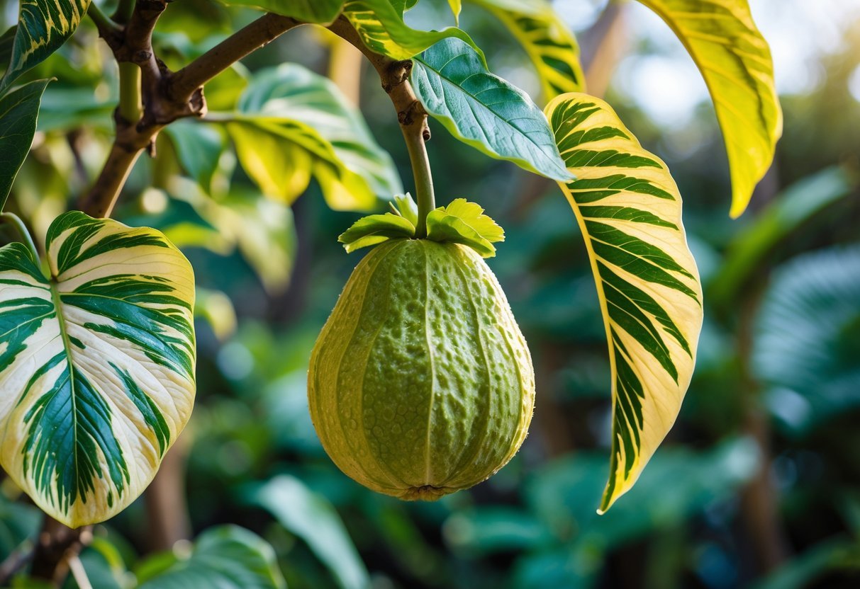 21+ Exotic Fruit Garden Ideas: Unique Plants to Transform Your Backyard in the US 8 A ripe guava fruit hanging on a branch surrounded by green and white variegated leaves in an exotic garden.