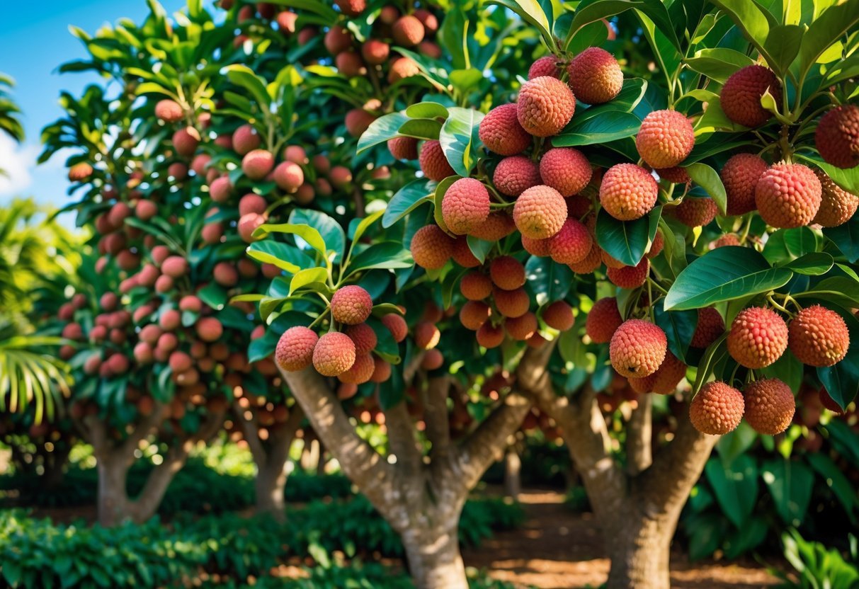 21+ Exotic Fruit Garden Ideas: Unique Plants to Transform Your Backyard in the US 9 A cluster of lychee trees with ripe red fruits hanging among green leaves in an exotic garden under a clear blue sky.