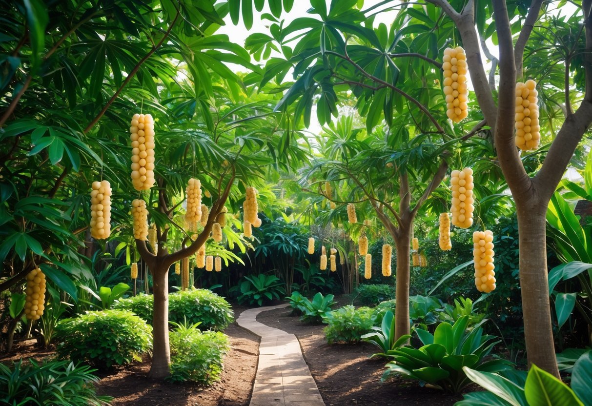 21+ Exotic Fruit Garden Ideas: Unique Plants to Transform Your Backyard in the US 10 A garden with several longan trees bearing clusters of ripe longan fruits surrounded by green foliage and a natural pathway.