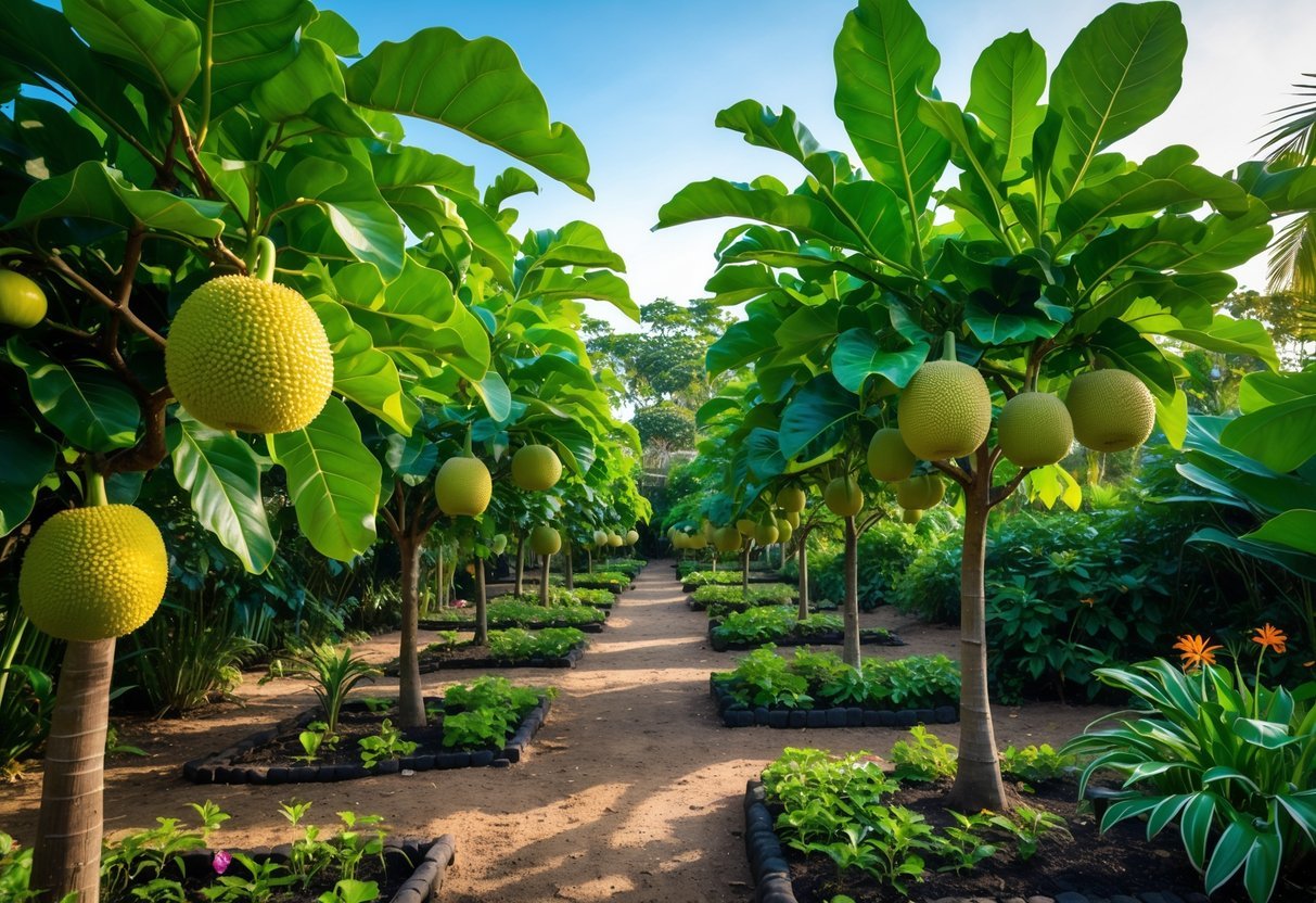 21+ Exotic Fruit Garden Ideas: Unique Plants to Transform Your Backyard in the US 11 A mini orchard with young jackfruit trees bearing fruit surrounded by tropical plants under a clear sky.