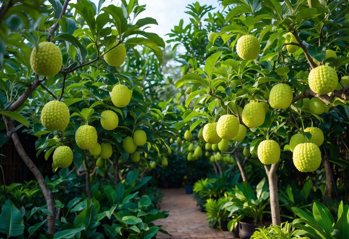 21+ Exotic Fruit Garden Ideas: Unique Plants to Transform Your Backyard in the US 12 A garden with custard apple trees bearing ripe green fruits surrounded by dense green leaves and tropical plants.