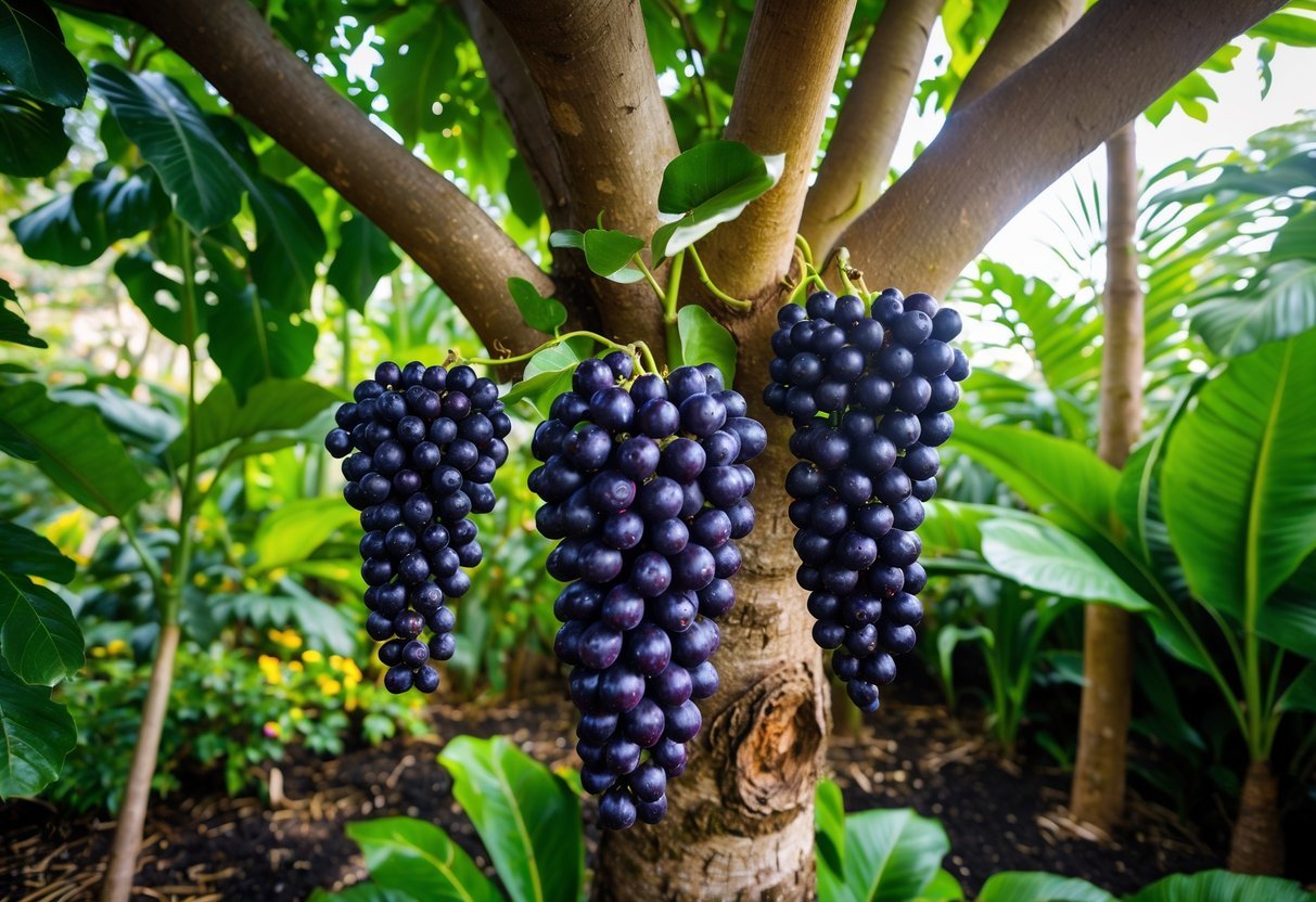 21+ Exotic Fruit Garden Ideas: Unique Plants to Transform Your Backyard in the US 13 A Jabuticaba tree with dark purple fruits growing on its trunk surrounded by dense green tropical plants in a garden.