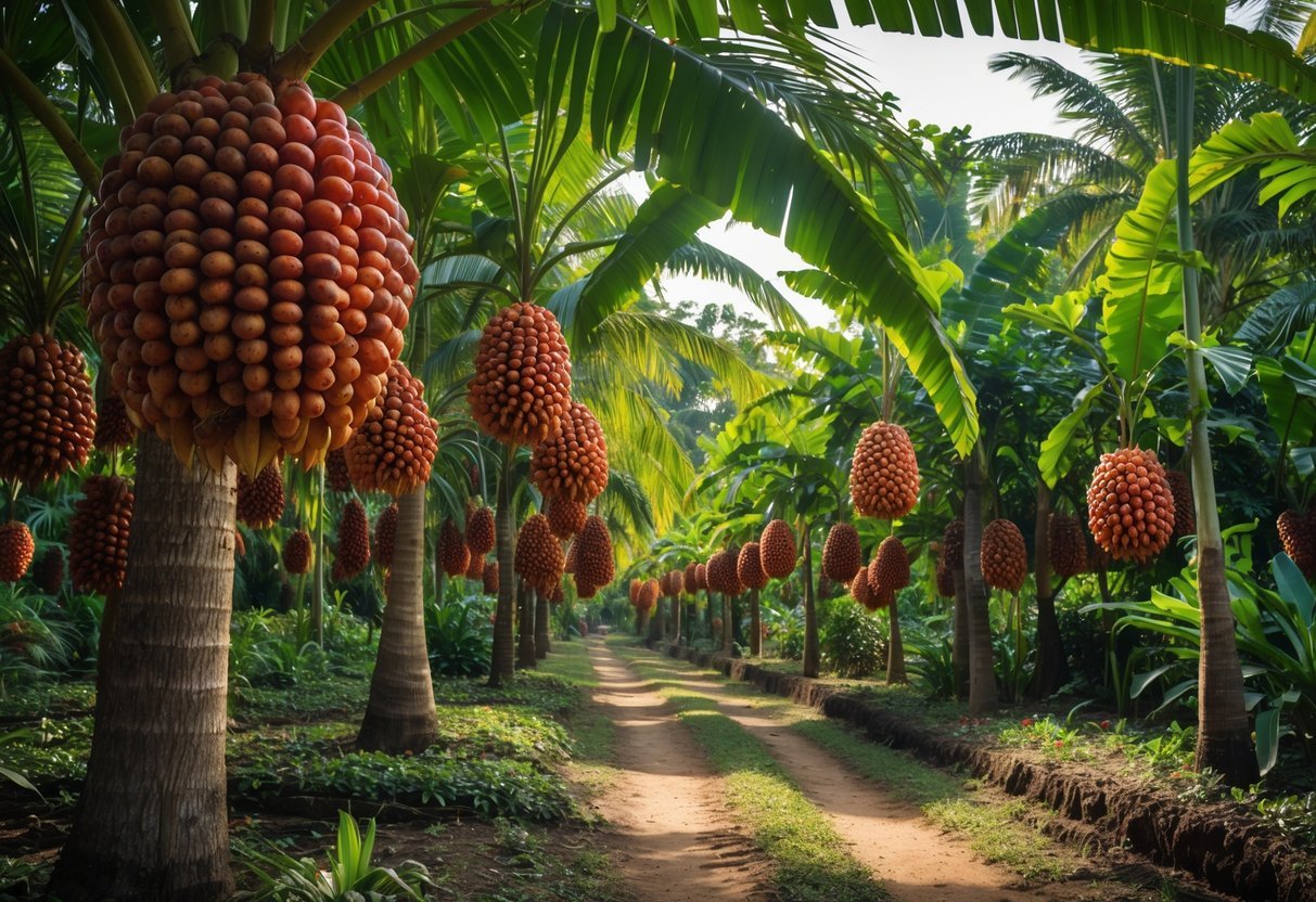 21+ Exotic Fruit Garden Ideas: Unique Plants to Transform Your Backyard in the US 14 A tropical garden with Salak palm trees bearing reddish-brown scaly fruits hanging in clusters among green foliage.