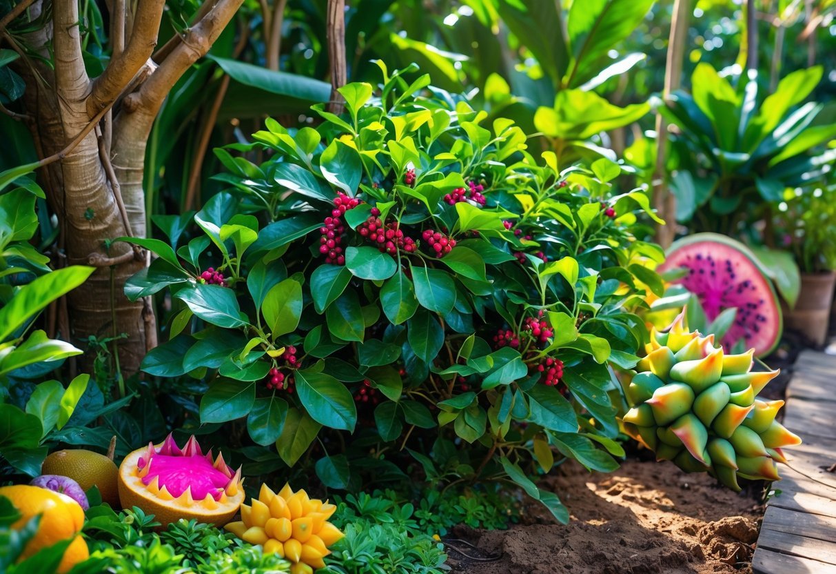 21+ Exotic Fruit Garden Ideas: Unique Plants to Transform Your Backyard in the US 15 A corner of an exotic fruit garden with a miracle fruit shrub bearing red berries surrounded by various tropical plants and fruits.