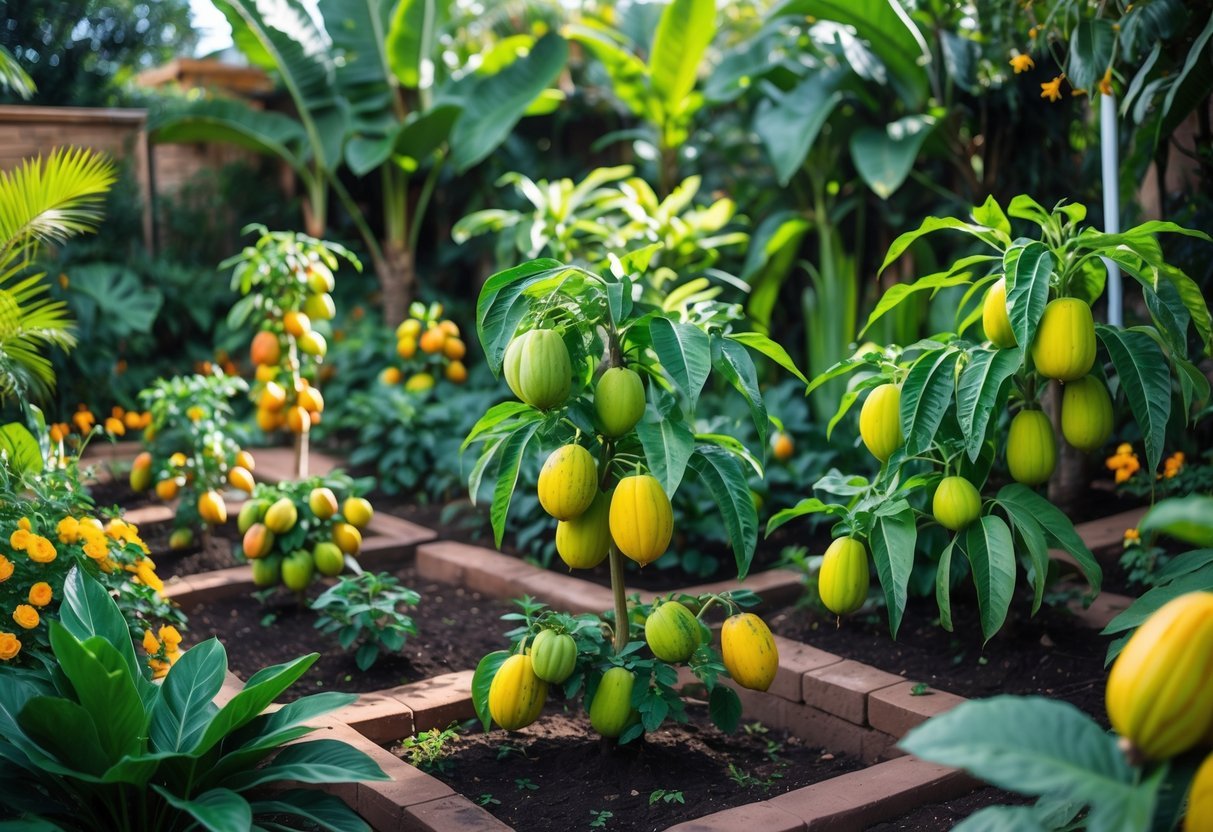 21+ Exotic Fruit Garden Ideas: Unique Plants to Transform Your Backyard in the US 16 A garden with several small papaya trees bearing ripe and unripe fruits surrounded by tropical plants and rich soil.