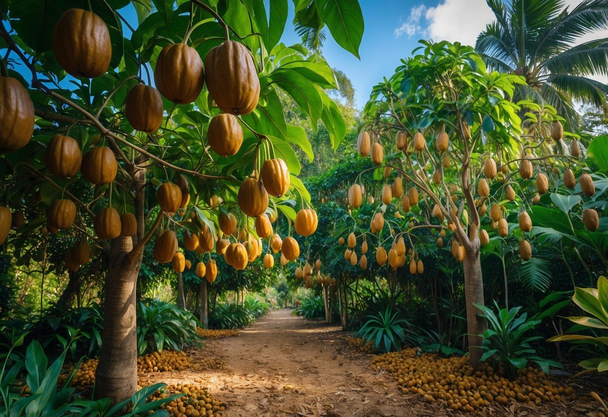 21+ Exotic Fruit Garden Ideas: Unique Plants to Transform Your Backyard in the US 17 A grove of sapodilla trees with ripe brown fruits hanging among green leaves in an outdoor tropical garden.