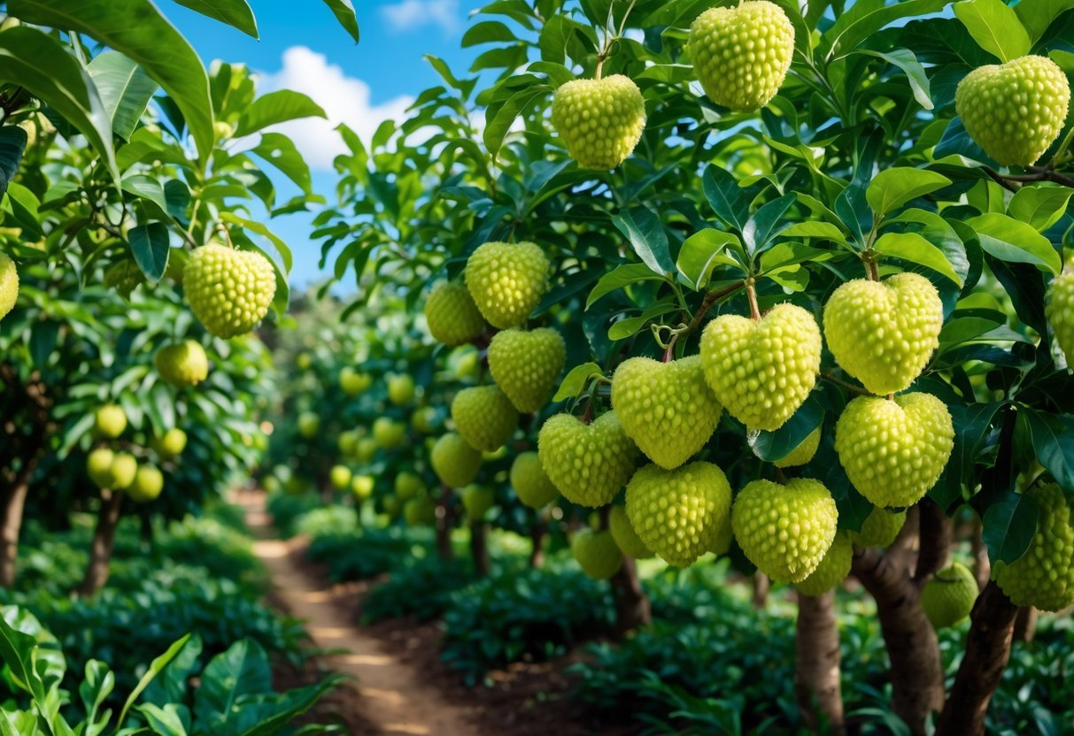21+ Exotic Fruit Garden Ideas: Unique Plants to Transform Your Backyard in the US 18 A garden with cherimoya trees bearing ripe green fruits surrounded by tropical plants and a dirt path under a clear blue sky.