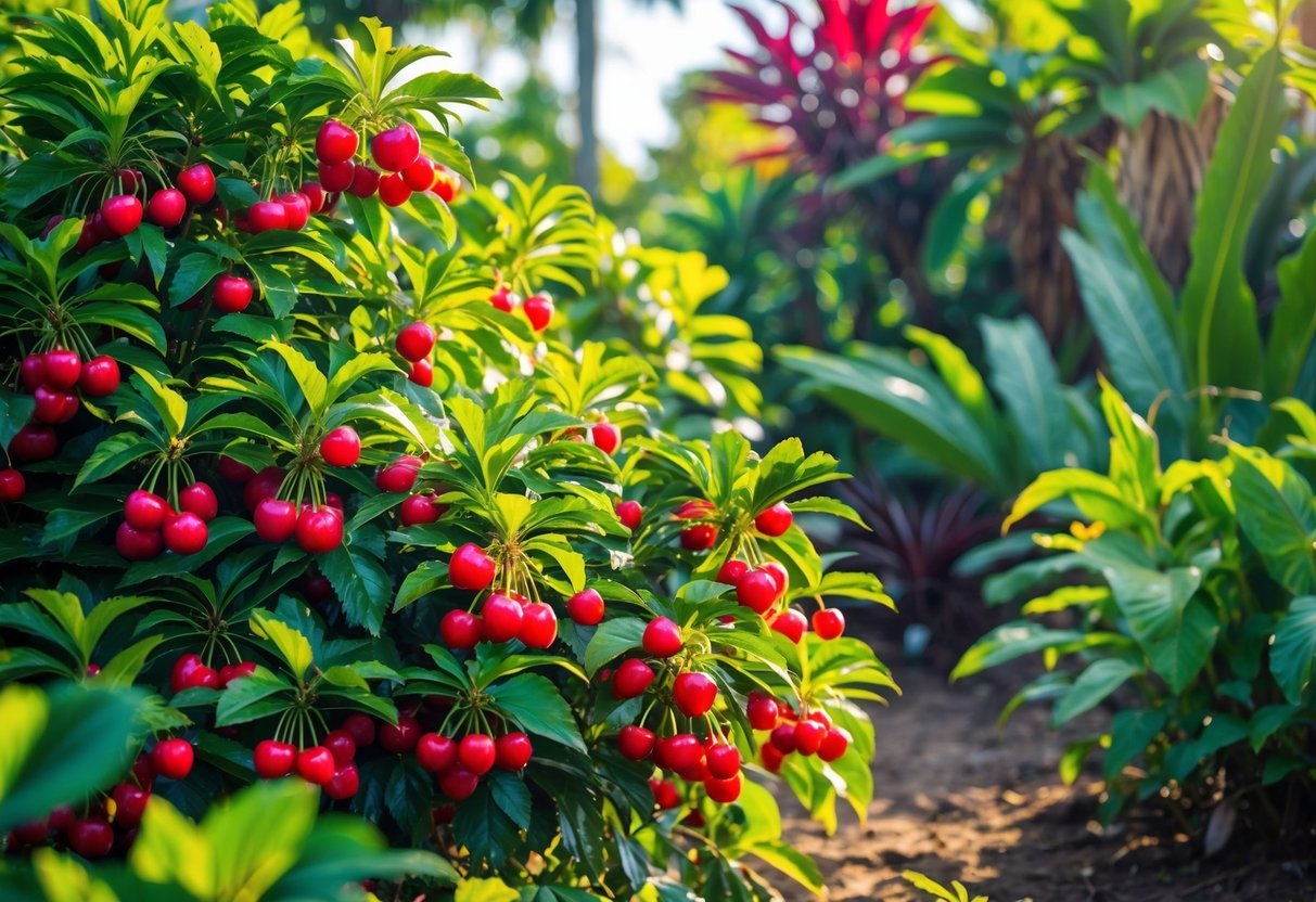 21+ Exotic Fruit Garden Ideas: Unique Plants to Transform Your Backyard in the US 19 A garden with acerola cherry bushes full of bright red cherries surrounded by green leaves and tropical plants.