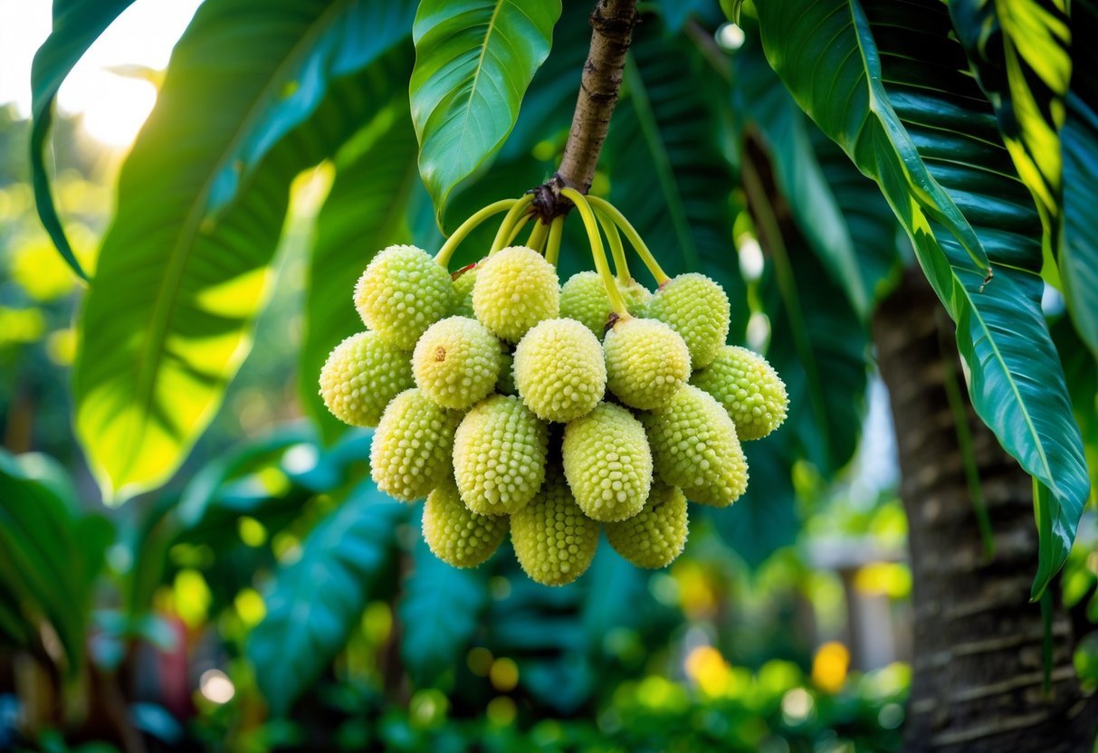 21+ Exotic Fruit Garden Ideas: Unique Plants to Transform Your Backyard in the US 20 Cluster of ripe noni fruits hanging on a leafy tree branch in a tropical garden.