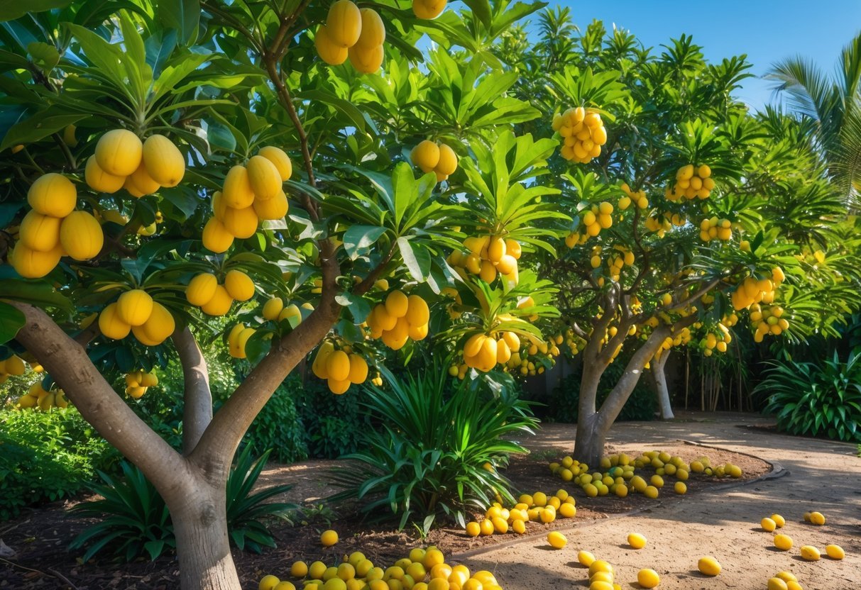 21+ Exotic Fruit Garden Ideas: Unique Plants to Transform Your Backyard in the US 21 A garden filled with loquat trees bearing clusters of ripe yellow loquats among green leaves under a clear sky.