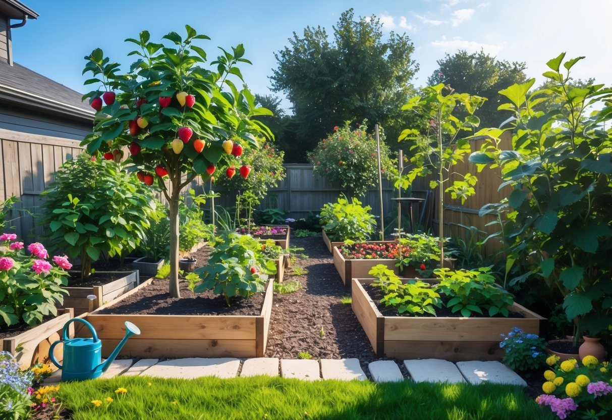 17+ Small Fruit Garden Ideas: Easy and Effective Tips for US Home Gardeners 2 A small backyard fruit garden with strawberry patches, dwarf apple trees, raspberry bushes, and blueberry shrubs, arranged with raised beds and stone paths under clear skies.