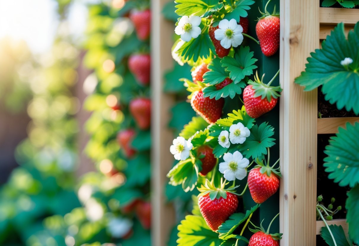 17+ Small Fruit Garden Ideas: Easy and Effective Tips for US Home Gardeners 3 A vertical garden with green strawberry plants bearing ripe red strawberries and white flowers in a compact small fruit garden setup.