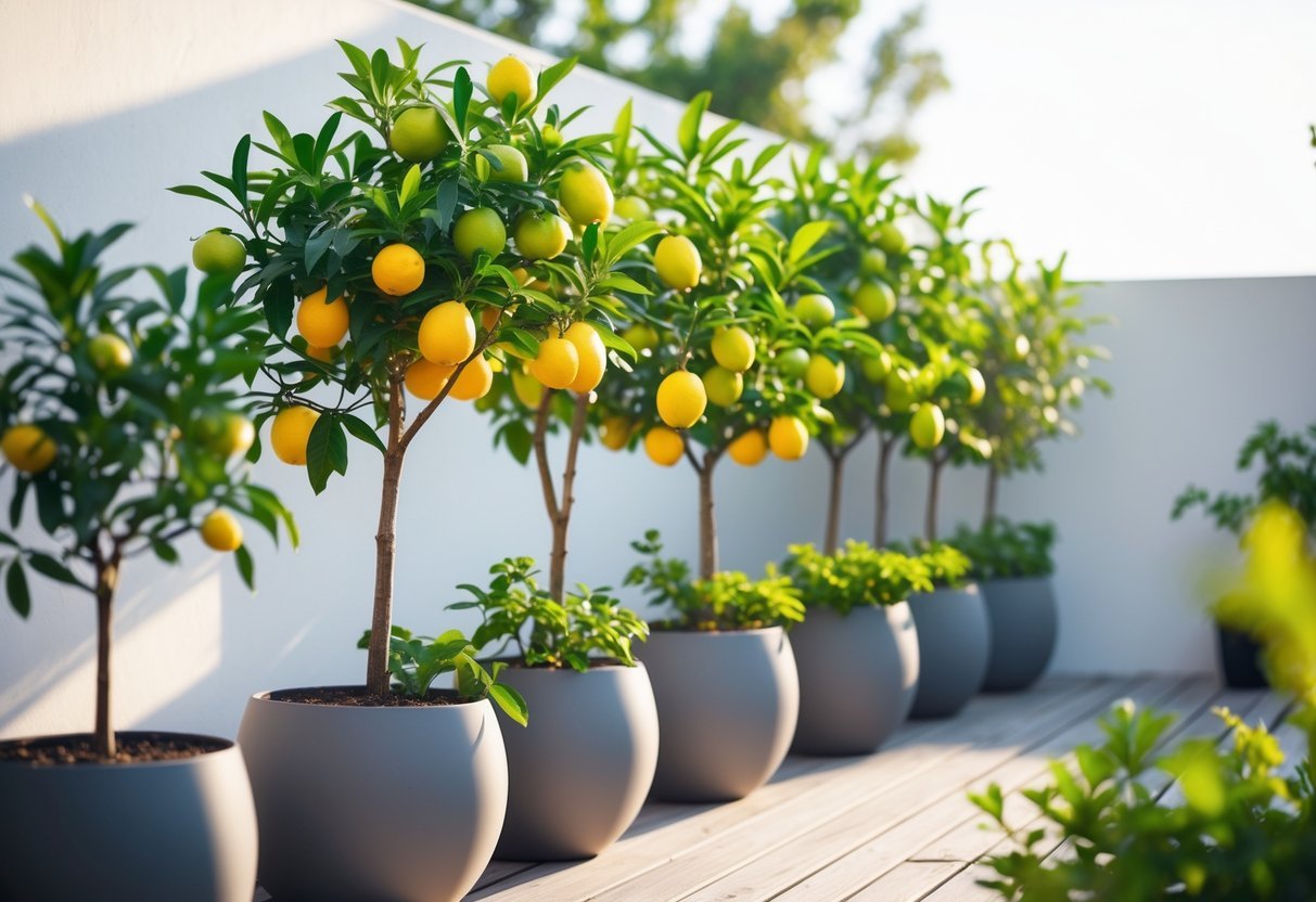 17+ Small Fruit Garden Ideas: Easy and Effective Tips for US Home Gardeners 4 Small container citrus trees with ripe fruit arranged on a wooden patio in a compact garden setting.
