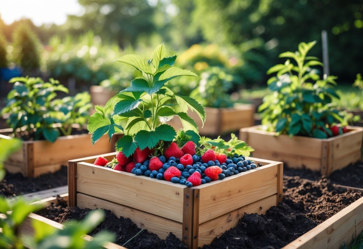 17+ Small Fruit Garden Ideas: Easy and Effective Tips for US Home Gardeners 5 A small fruit garden with wooden raised beds filled with green berry plants and ripe berries in a sunny outdoor setting.