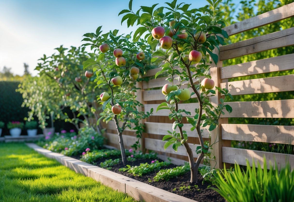 17+ Small Fruit Garden Ideas: Easy and Effective Tips for US Home Gardeners 6 A small garden with espaliered apple trees growing against a wooden trellis, showing branches with small apples and surrounded by green plants.