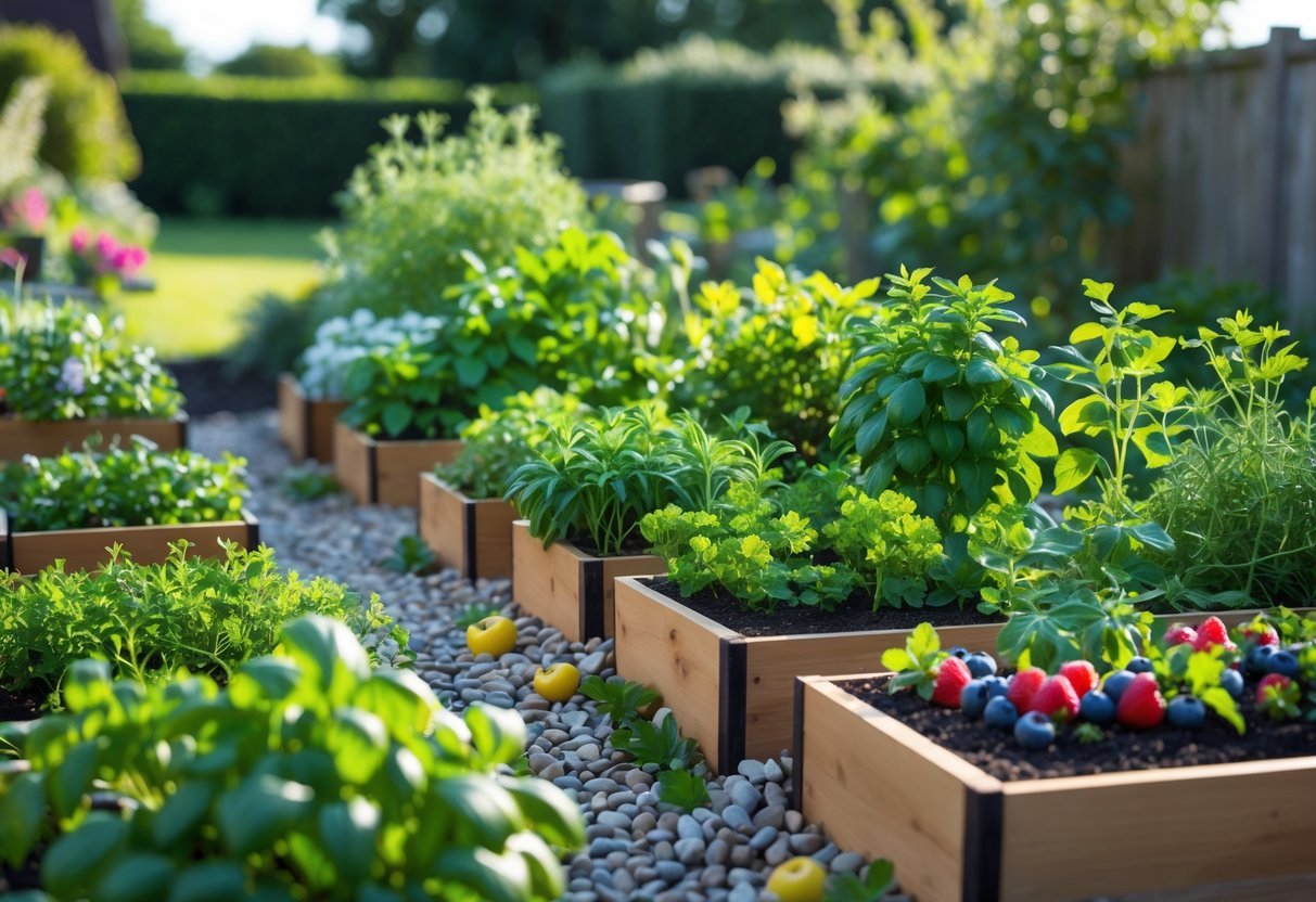 17+ Small Fruit Garden Ideas: Easy and Effective Tips for US Home Gardeners 7 A small garden with raised beds growing green herbs and small fruit plants like strawberries and blueberries under natural sunlight.