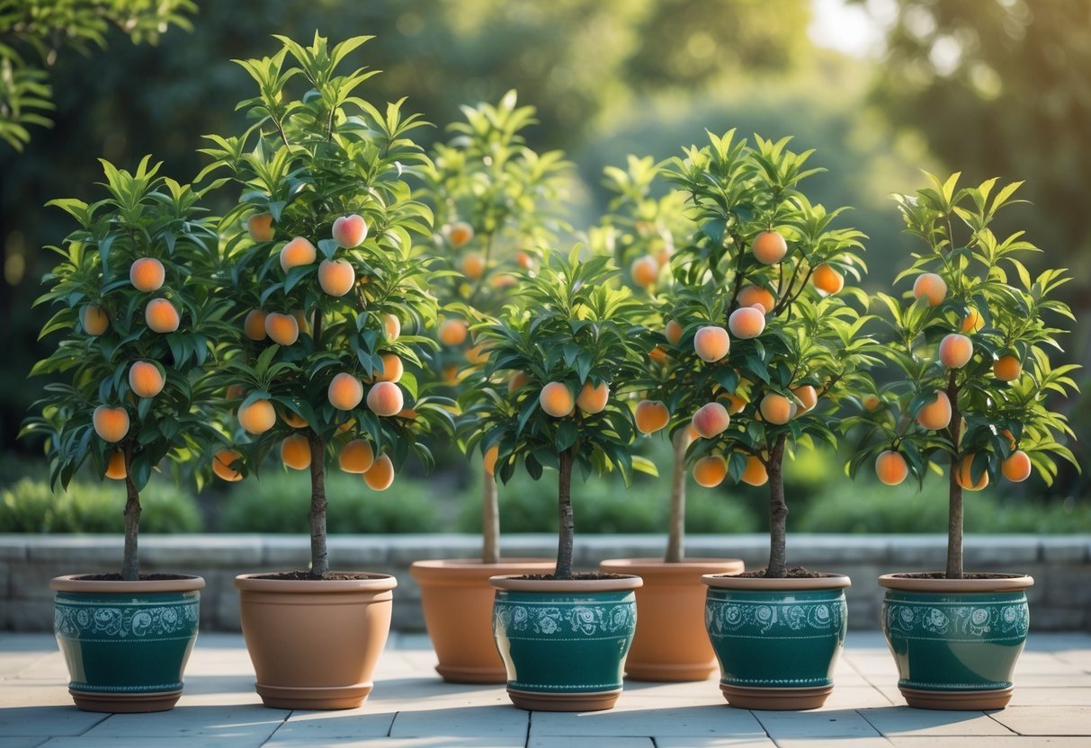 17+ Small Fruit Garden Ideas: Easy and Effective Tips for US Home Gardeners 8 Six dwarf peach trees in pots arranged in a small outdoor garden with green leaves and small peaches on the branches.