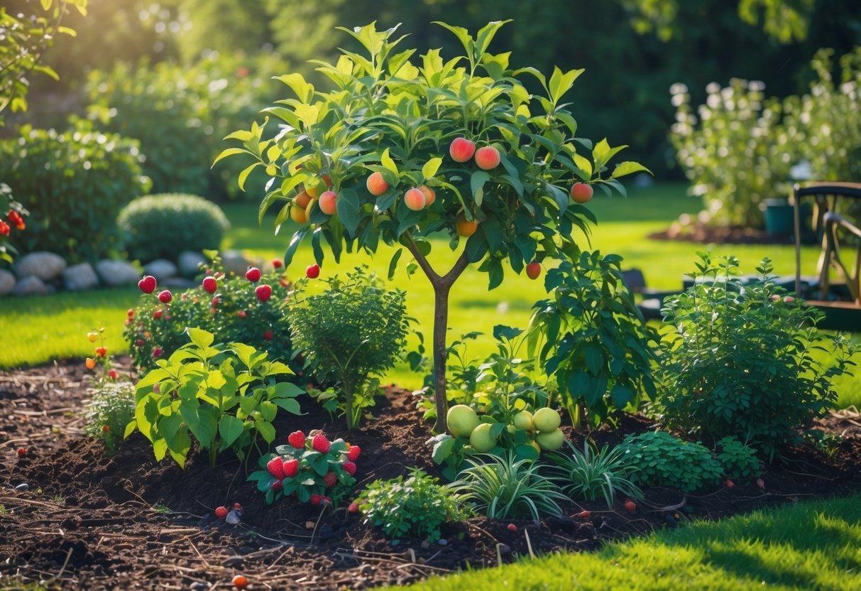 17+ Small Fruit Garden Ideas: Easy and Effective Tips for US Home Gardeners 10 A small fruit tree surrounded by various companion plants in a garden, showing a diverse and healthy fruit tree guild planting.