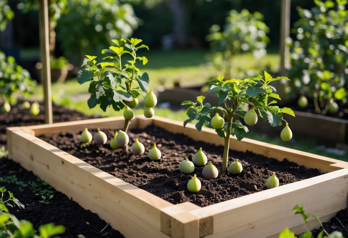 17+ Small Fruit Garden Ideas: Easy and Effective Tips for US Home Gardeners 12 A small raised garden bed with fig plants growing in rich soil outdoors on a sunny day.