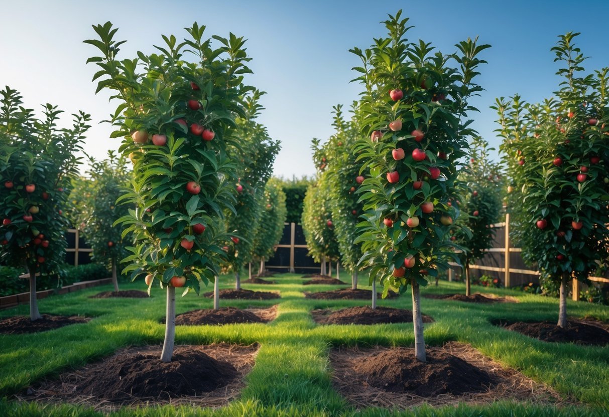 17+ Small Fruit Garden Ideas: Easy and Effective Tips for US Home Gardeners 13 A small garden with tall, narrow apple trees bearing ripe red apples under a clear blue sky.