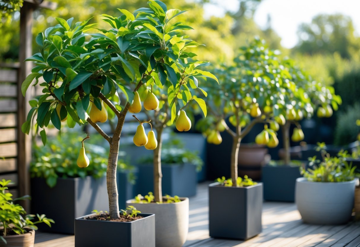 17+ Small Fruit Garden Ideas: Easy and Effective Tips for US Home Gardeners 14 Several pear trees growing in containers arranged on a wooden deck in a small garden with green leaves and small pears.