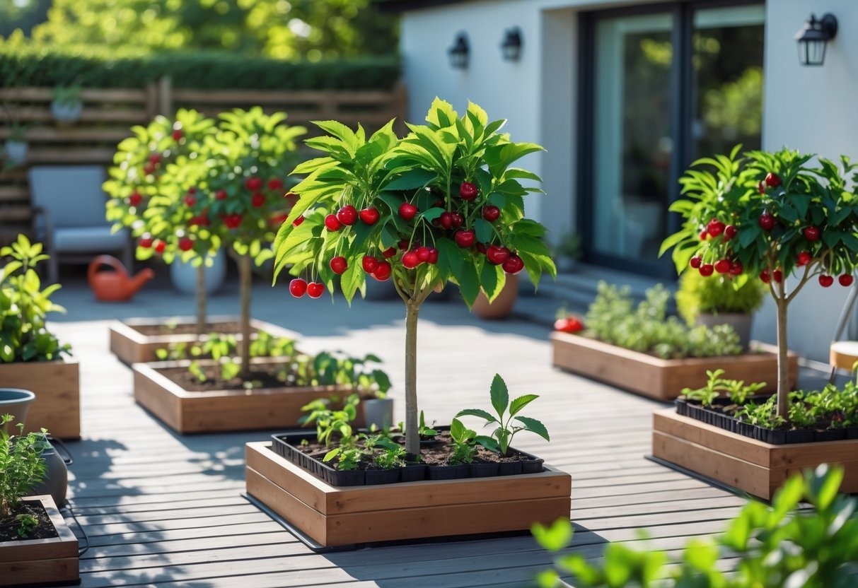 17+ Small Fruit Garden Ideas: Easy and Effective Tips for US Home Gardeners 15 A small patio garden with potted cherry trees bearing red cherries, surrounded by other fruit plants and greenery on a sunny wooden deck.