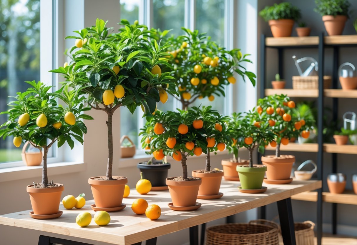 17+ Small Fruit Garden Ideas: Easy and Effective Tips for US Home Gardeners 16 Indoor setup with several potted dwarf fruit trees bearing small ripe fruits placed on a wooden table and shelves near large windows.