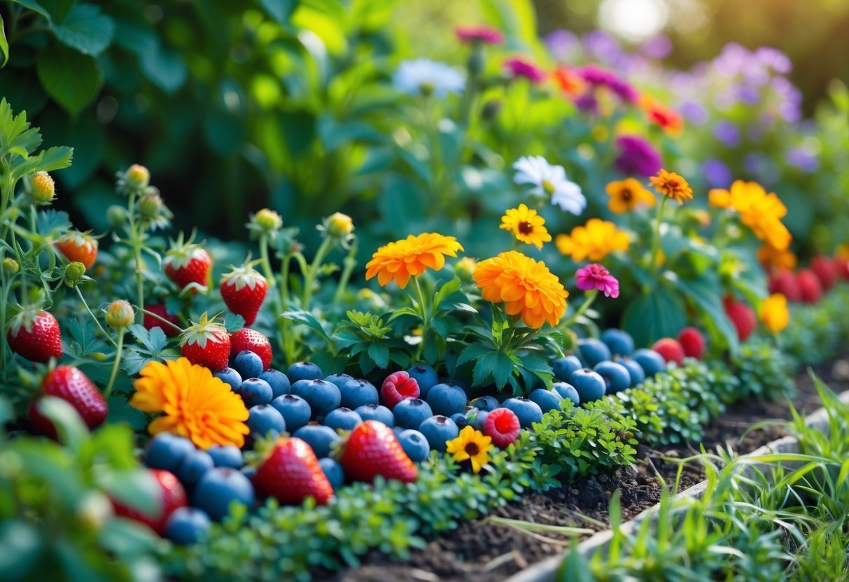 17+ Small Fruit Garden Ideas: Easy and Effective Tips for US Home Gardeners 17 A small garden border filled with a mix of colorful fruits like strawberries and blueberries alongside blooming flowers and green foliage.