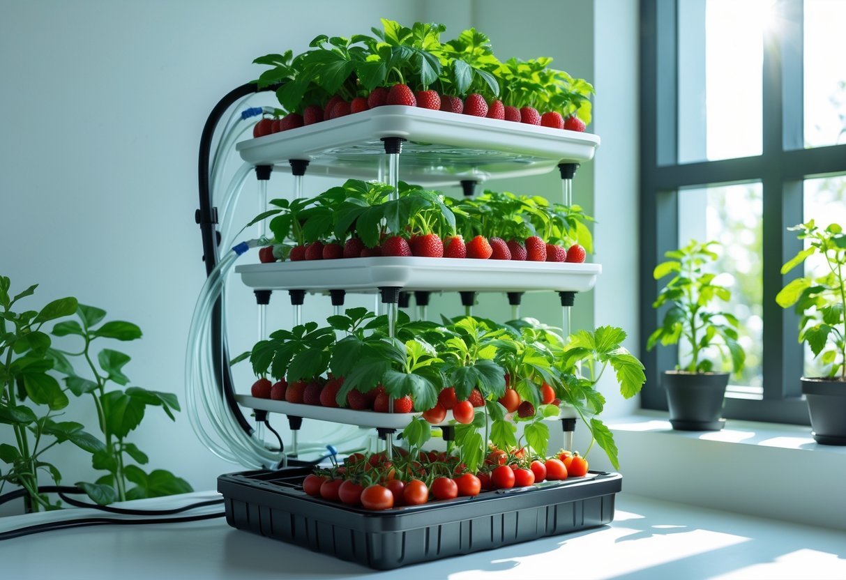 17+ Small Fruit Garden Ideas: Easy and Effective Tips for US Home Gardeners 18 A small indoor hydroponic fruit garden with green plants bearing small ripe fruits like strawberries and cherry tomatoes under natural sunlight.