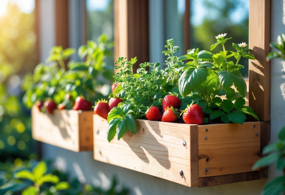 17+ Small Fruit Garden Ideas: Easy and Effective Tips for US Home Gardeners 19 Window boxes filled with green herbs and ripe red strawberries growing on an exterior wall in a small garden.