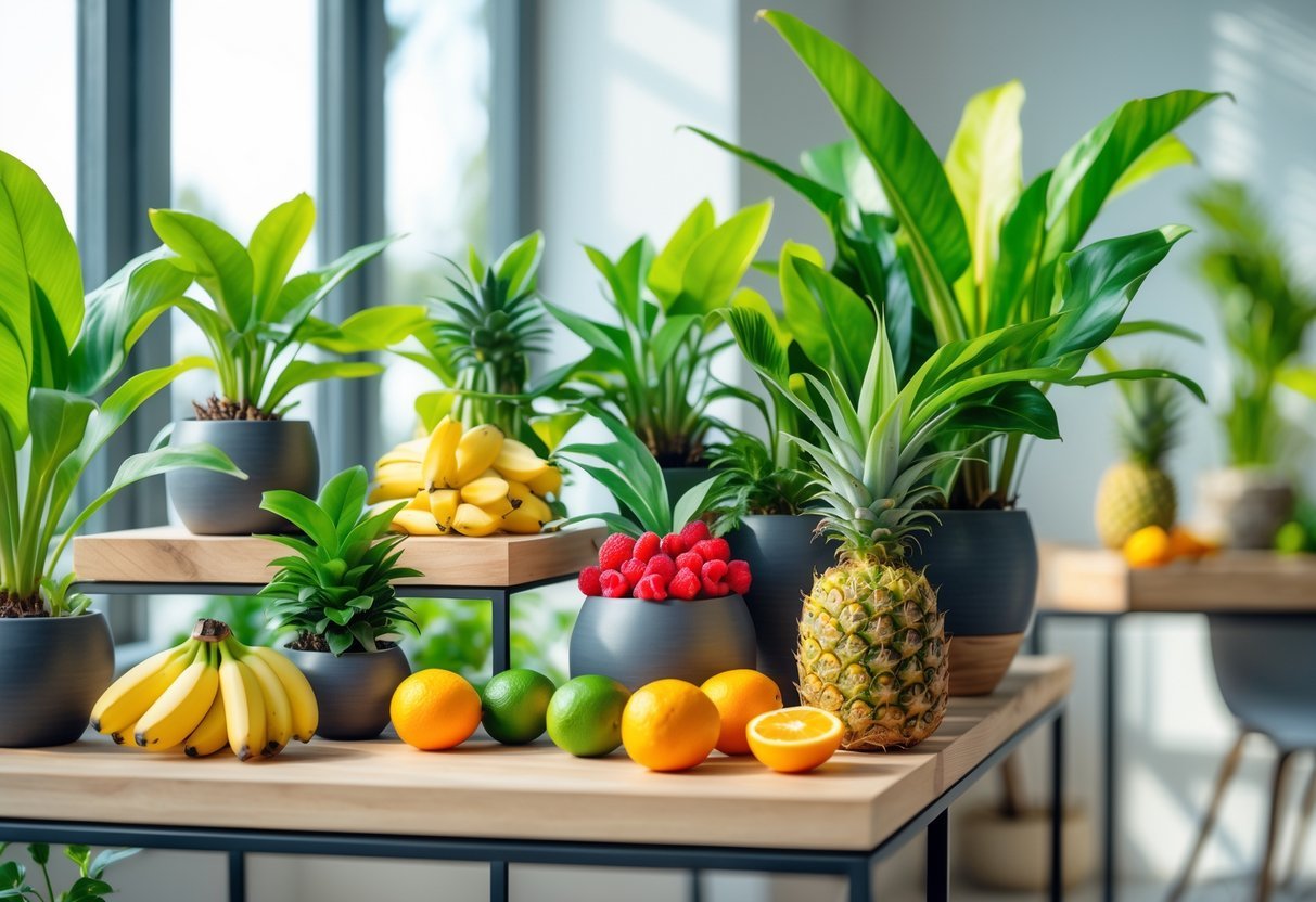 17+ Small Fruit Garden Ideas: Easy and Effective Tips for US Home Gardeners 20 A small indoor tropical fruit garden with various green plants and colorful fruits arranged on shelves and a table in a bright room.