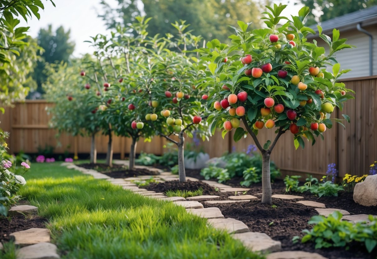 17+ Small Fruit Garden Ideas: Easy and Effective Tips for US Home Gardeners 21 A small backyard orchard with various fruit trees bearing ripe fruits, surrounded by grass, garden pathways, and a wooden fence.