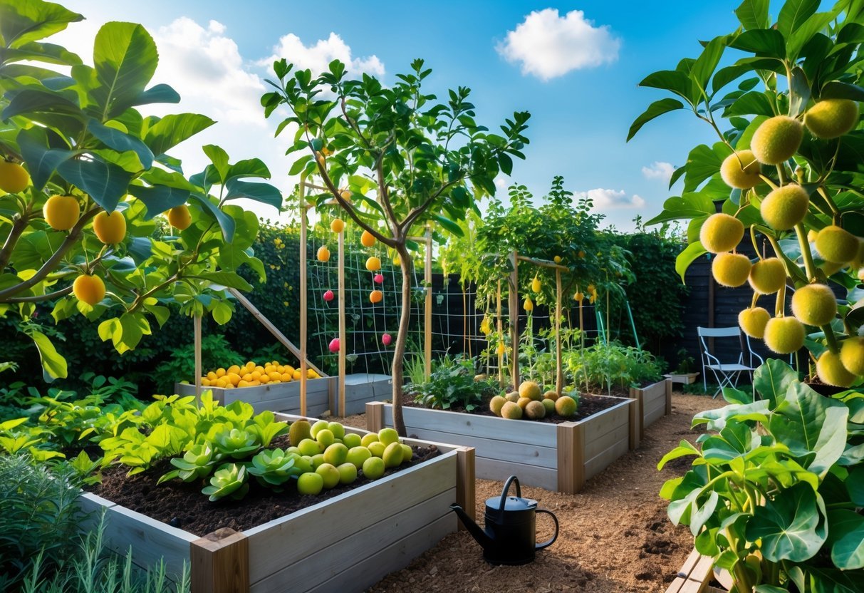 19+ Garden Ideas for Growing Uncommon Fruits: Unique Varieties to Cultivate in Your US Backyard 2 A garden with various uncommon fruit plants including pawpaw trees, kiwi vines, dragon fruit cacti, and medlar bushes growing in raised beds under sunlight.