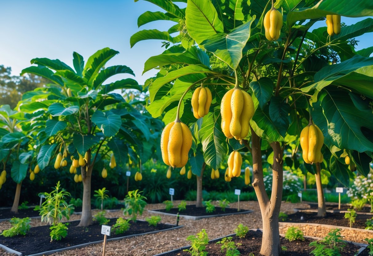 19+ Garden Ideas for Growing Uncommon Fruits: Unique Varieties to Cultivate in Your US Backyard 3 A garden with healthy pawpaw trees bearing clusters of greenish-yellow fruits surrounded by green foliage and soil beds under a clear sky.