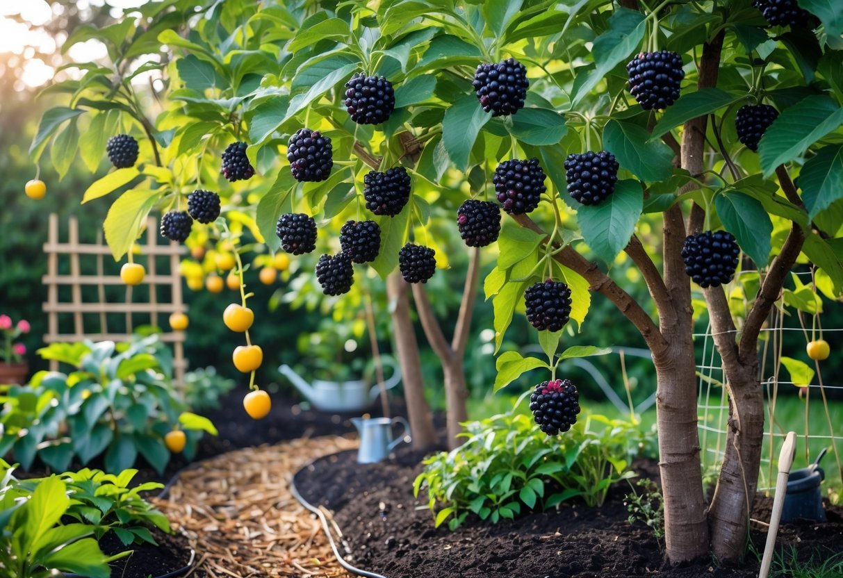 19+ Garden Ideas for Growing Uncommon Fruits: Unique Varieties to Cultivate in Your US Backyard 4 A garden with mulberry trees bearing ripe fruit and various uncommon fruit plants growing among neat pathways and garden tools.