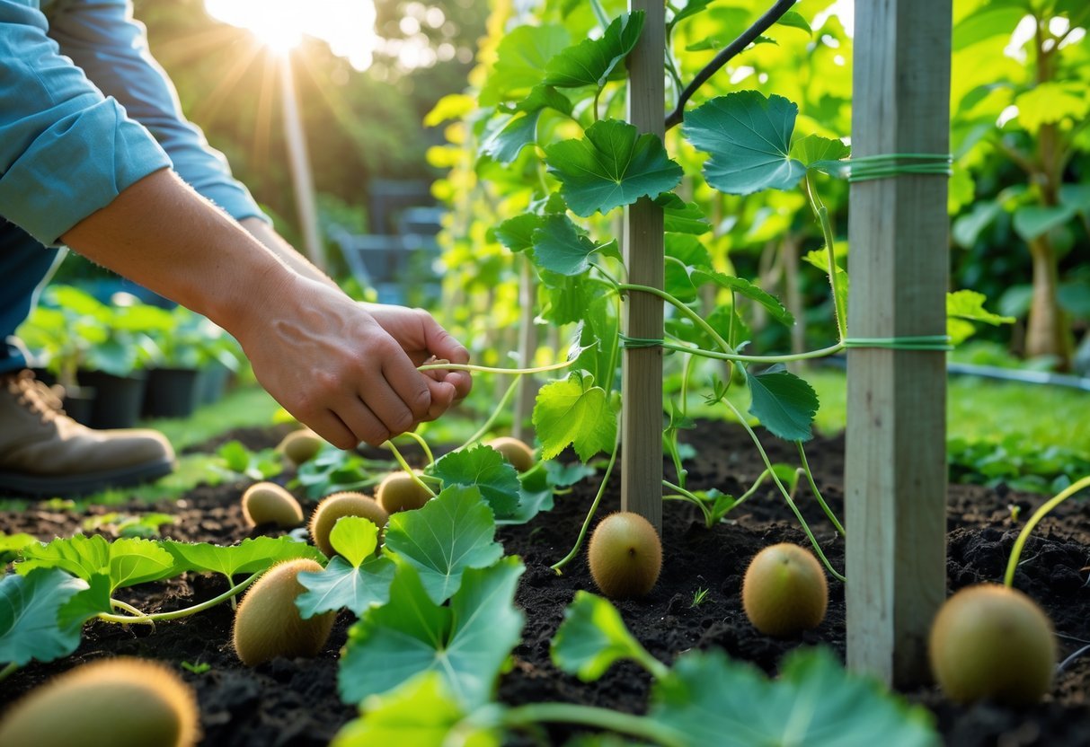 19+ Garden Ideas for Growing Uncommon Fruits: Unique Varieties to Cultivate in Your US Backyard 5 Hands tying young kiwi vine shoots to a wooden trellis in a green garden with developing kiwi fruits and gardening tools nearby.
