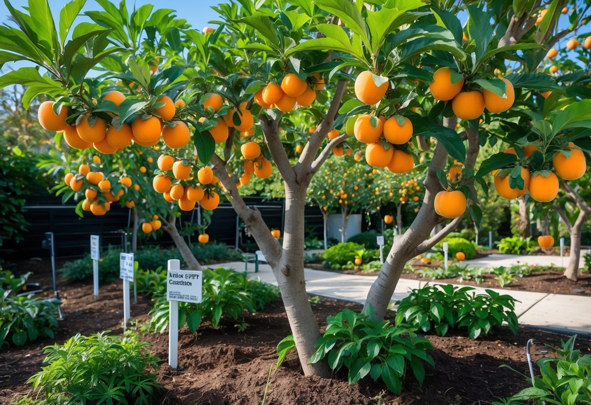 19+ Garden Ideas for Growing Uncommon Fruits: Unique Varieties to Cultivate in Your US Backyard 6 Four Fuyu persimmon trees in a garden with ripe orange fruit on the branches surrounded by green plants under a clear sky.
