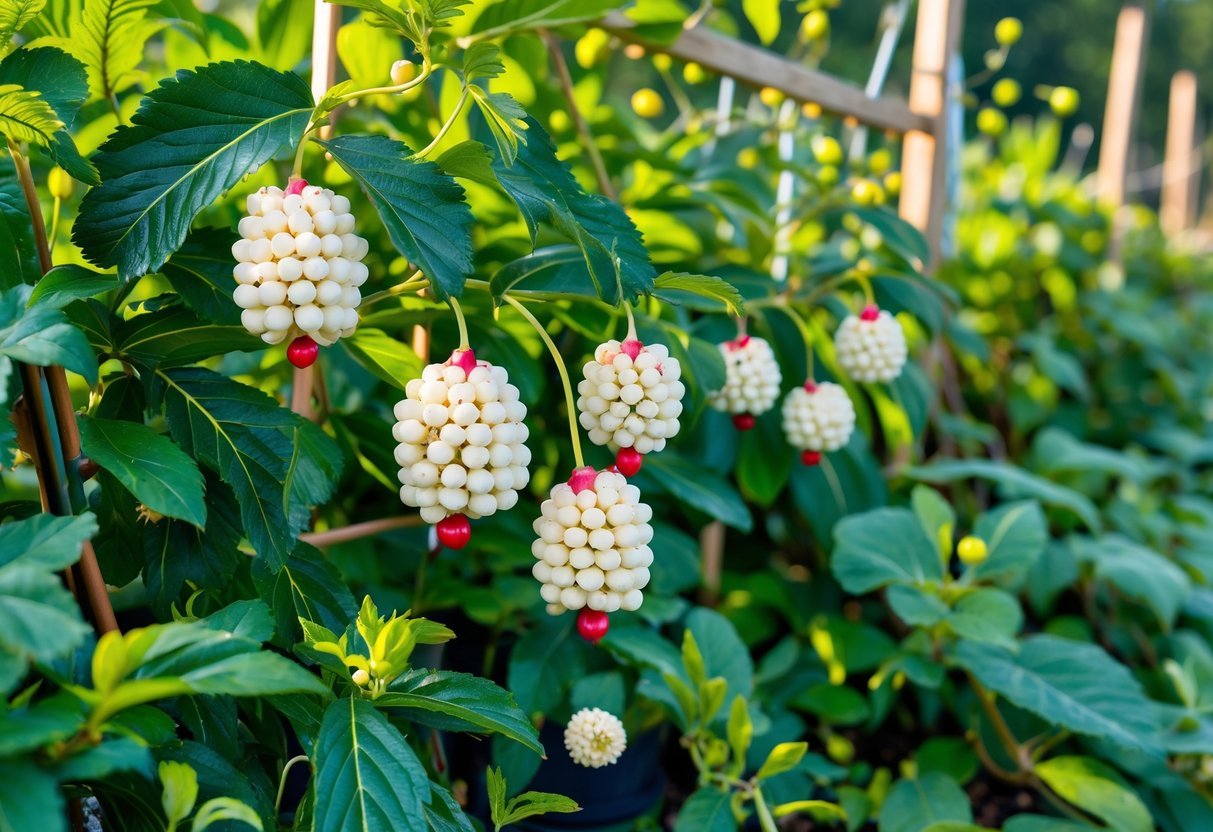 19+ Garden Ideas for Growing Uncommon Fruits: Unique Varieties to Cultivate in Your US Backyard 7 A garden scene showing ripe white pineberries with red seeds growing among green plants and other uncommon fruits in a sunny, well-kept garden.