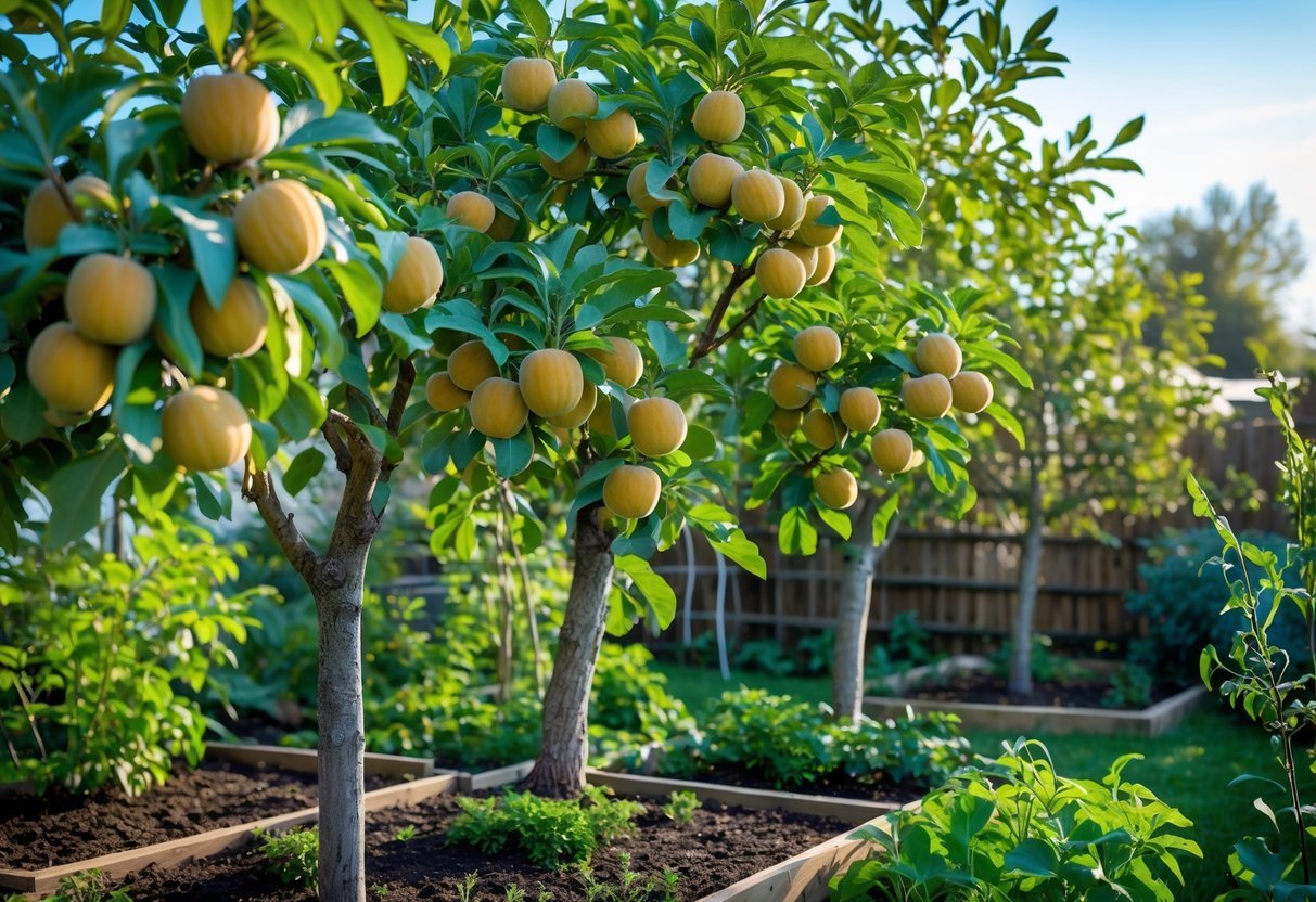 19+ Garden Ideas for Growing Uncommon Fruits: Unique Varieties to Cultivate in Your US Backyard 8 A garden with healthy medlar trees bearing ripe fruits surrounded by other uncommon fruit plants under a clear sky.