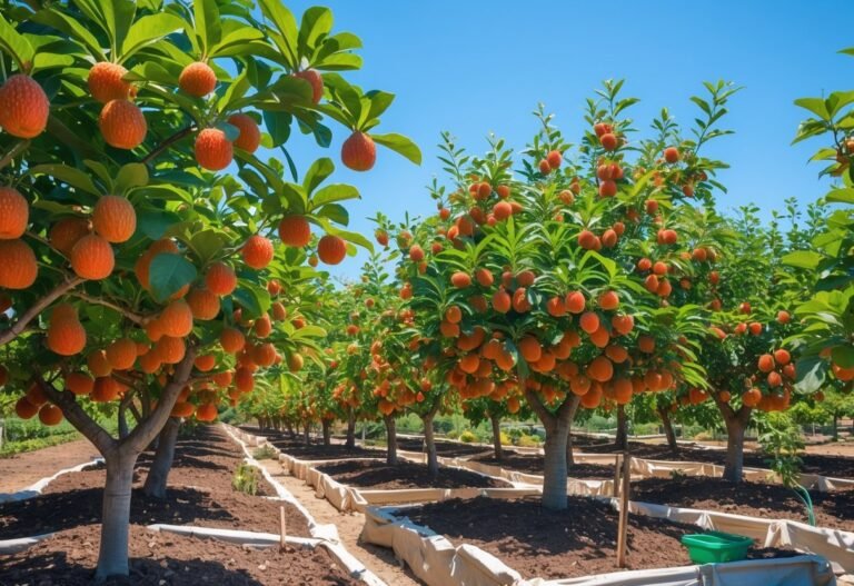 A garden with several jujube trees bearing ripe fruits under a clear sky.