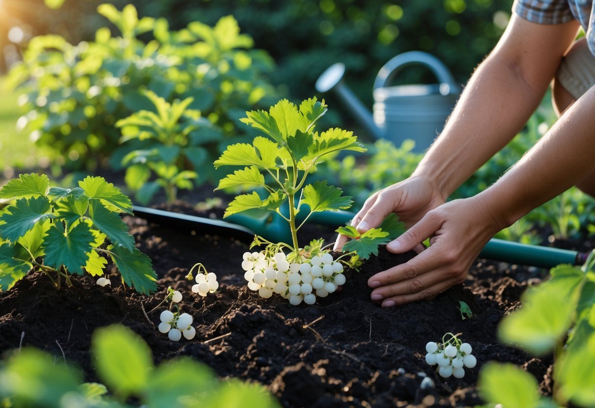 19+ Garden Ideas for Growing Uncommon Fruits: Unique Varieties to Cultivate in Your US Backyard 10 Hands planting a white currant bush in a garden bed with green leaves and small white berries, surrounded by gardening tools.