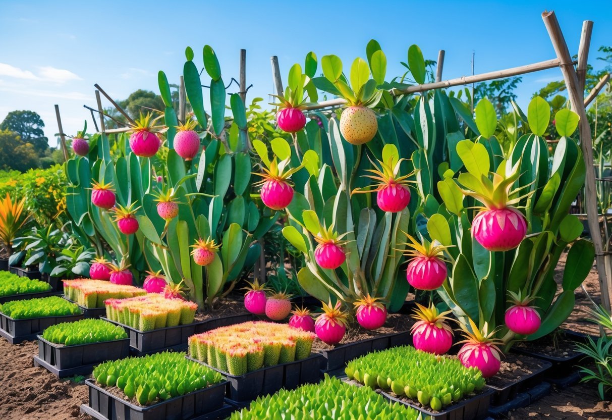 A garden with nine dragon fruit plants bearing bright pink and red fruits growing on green cactus stems supported by trellises under a clear blue sky.