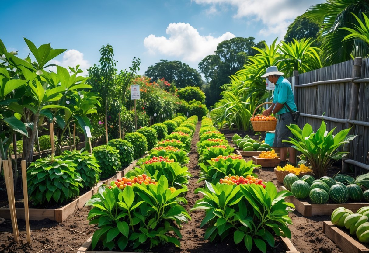 19+ Garden Ideas for Growing Uncommon Fruits: Unique Varieties to Cultivate in Your US Backyard 12 A gardener tending to a vibrant garden with miracle fruit bushes and various uncommon fruit plants under a clear blue sky.