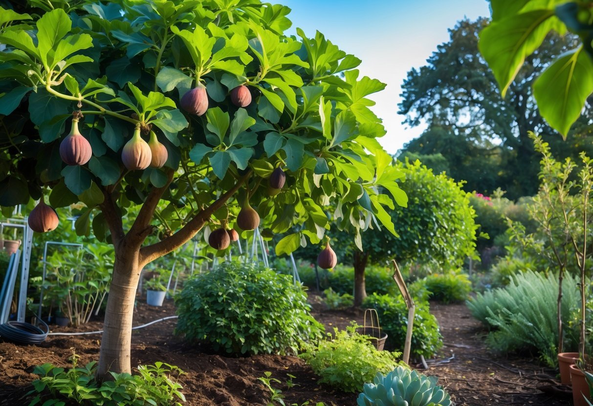 19+ Garden Ideas for Growing Uncommon Fruits: Unique Varieties to Cultivate in Your US Backyard 13 A garden with healthy hardy fig trees bearing ripe fruit surrounded by other plants under a clear sky.