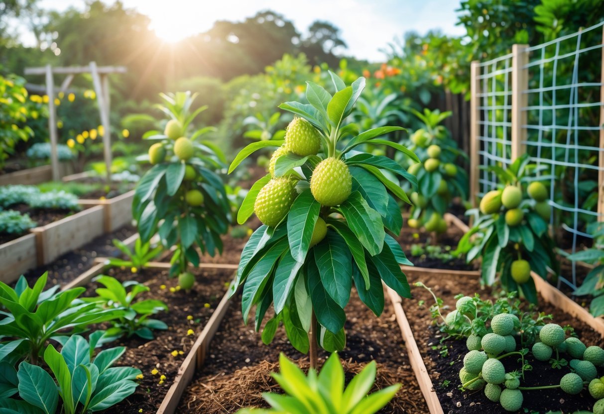19+ Garden Ideas for Growing Uncommon Fruits: Unique Varieties to Cultivate in Your US Backyard 14 A garden with healthy Feijoa plants growing in raised beds and trellises under a sunny sky.