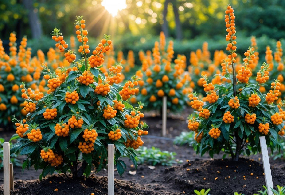 19+ Garden Ideas for Growing Uncommon Fruits: Unique Varieties to Cultivate in Your US Backyard 15 A garden with rows of sea buckthorn bushes bearing bright orange berries under natural sunlight.